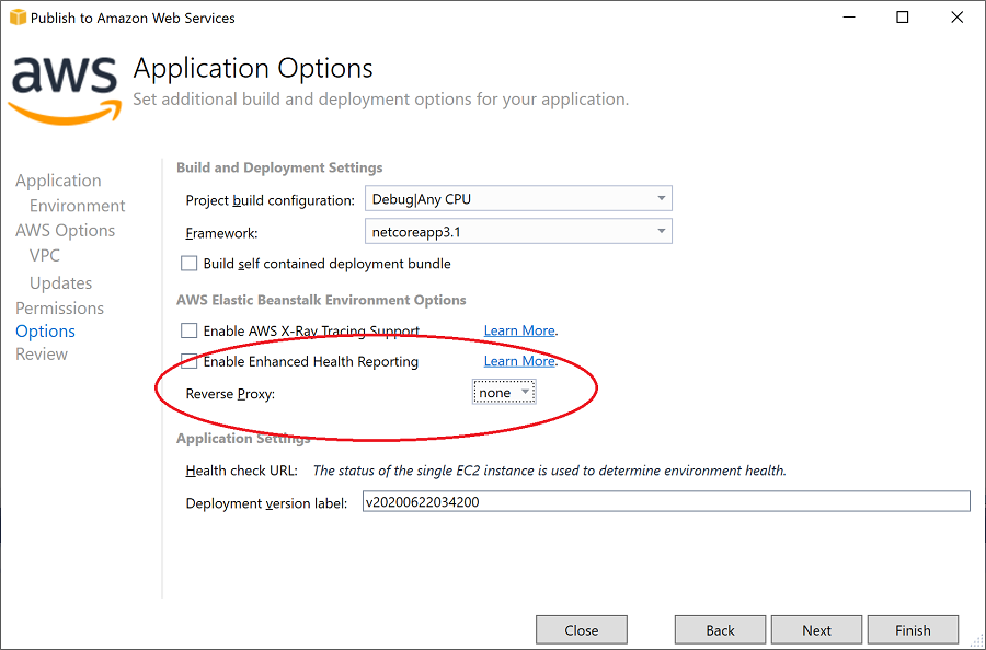 AWS Options page reverse proxy settings