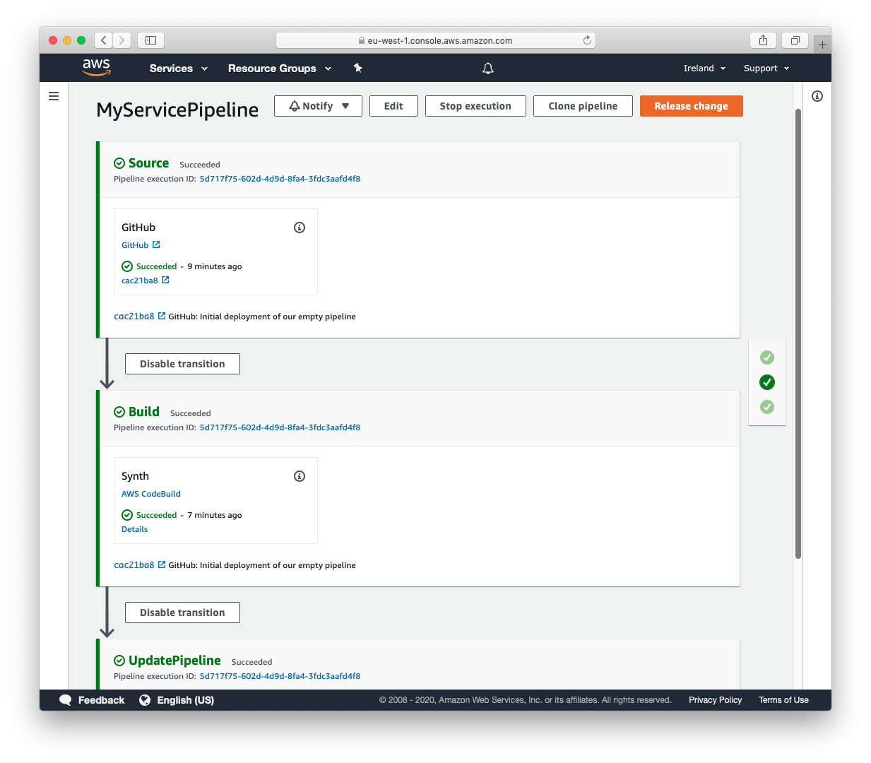 Screenshot of AWS CodePipeline console after the empty pipeline has finished deploying