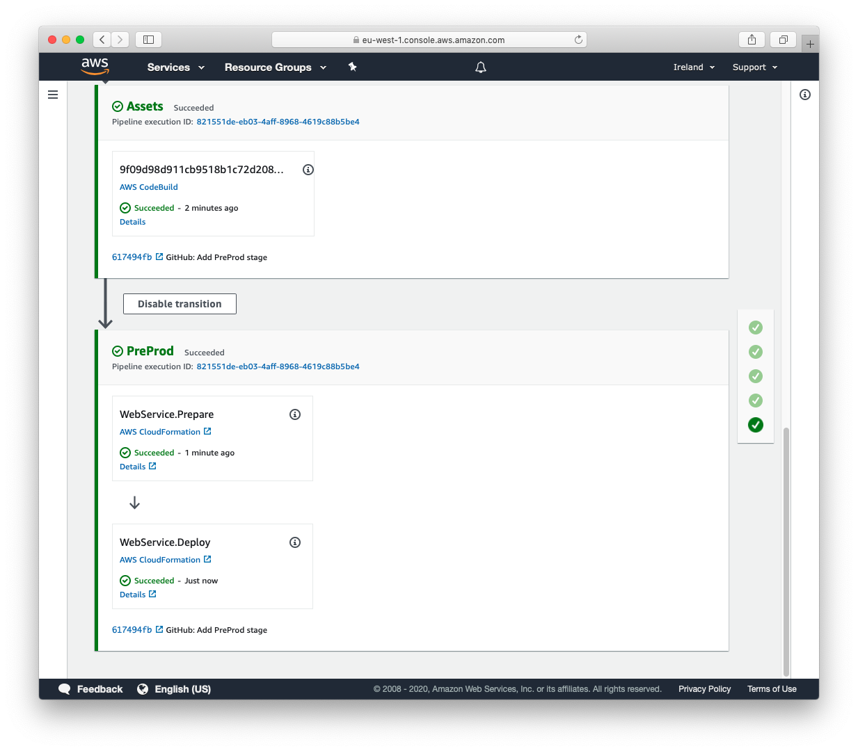 Screenshot of AWS CodePipeline console after the first stage has finished deploying