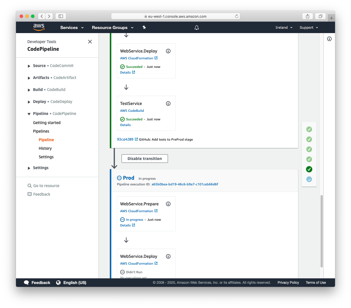 Screenshot of AWS CodePipeline console showing a test action has been added