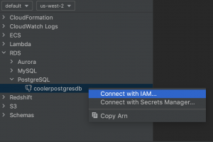 Showing action on database node, action reads "Connect with IAM"