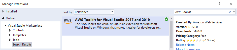 Visual Studio Extension Manager searching for AWS Toolkit