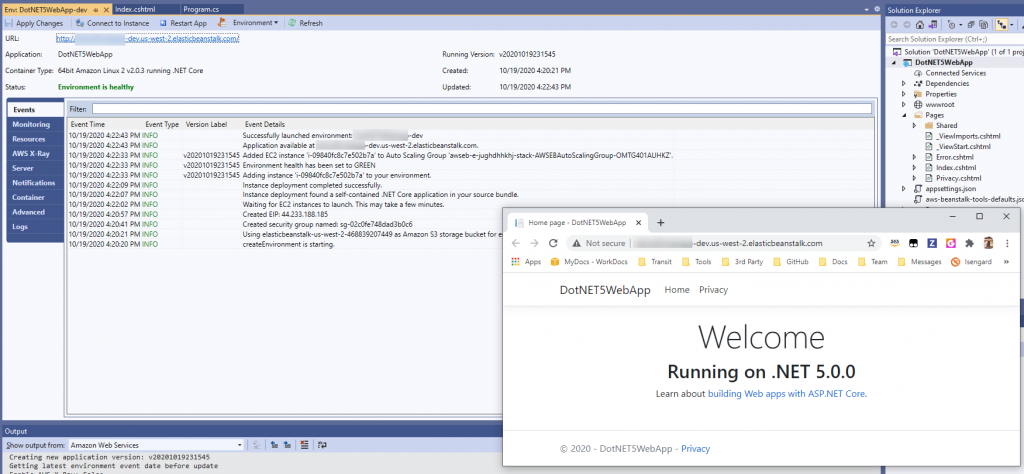 AWS Toolkit showing Beanstalk Environment details, and a web page showing the application
