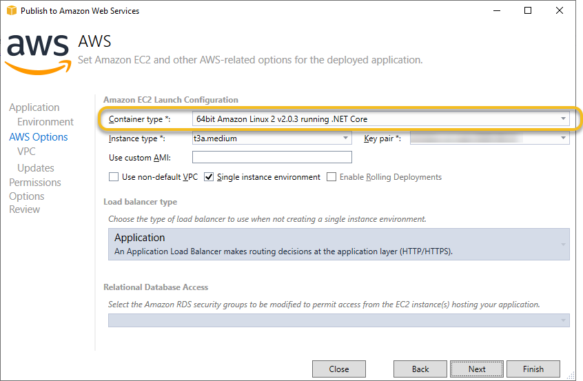 Publish to Beanstalk Wizard showing a container type that supports .NET Core
