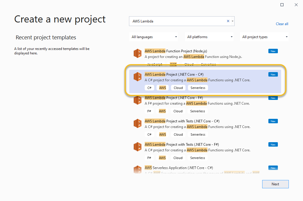 Visual Studio select AWS Lambda Project in Create Project dialog