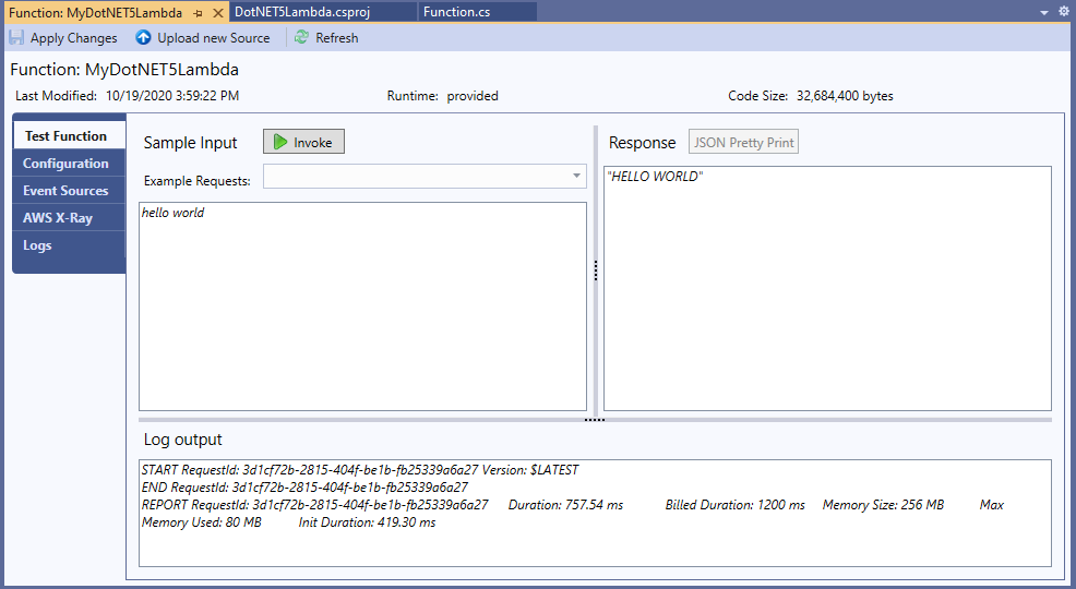 Invoking an AWS Lambda function and showing the results