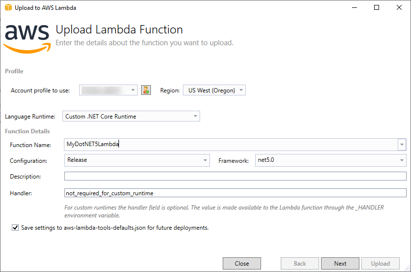 Publish to AWS Lambda dialog