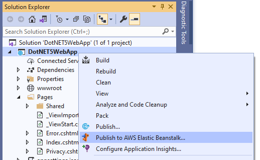 Selecting Publish to AWS Elastic Beanstalk in the Solution Explorer context menu