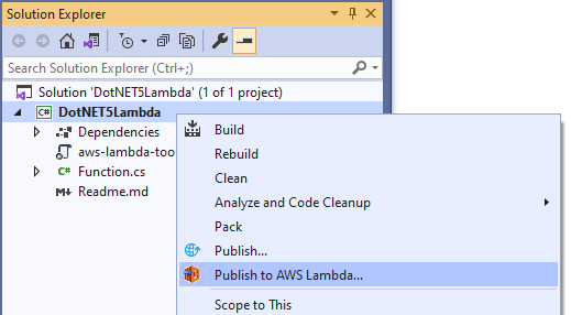 Selecting Publish to AWS Lambda in the Solution Explorer context menu