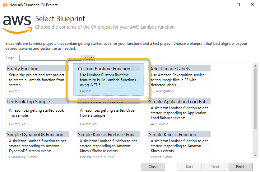 Selecting Custom Runtime blueprint in AWS Toolkit for Visual Studio