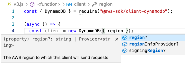 Intellisense Code completion in VSCode for DynamoDB from AWS SDK for JavaScript