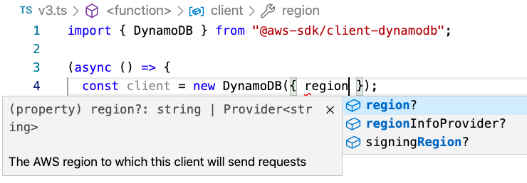 Intellisense Code completion for TypeScript code in VSCode for DynamoDB from AWS SDK for JavaScript