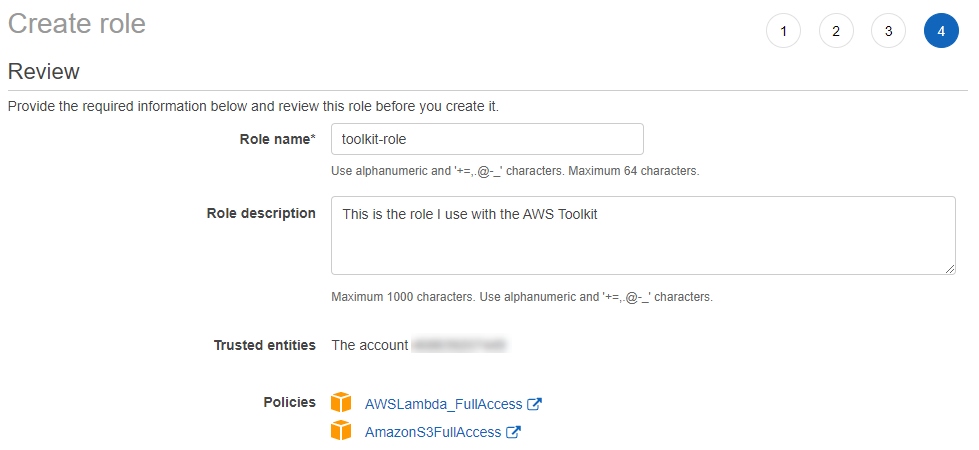 Review page of IAM Create Role