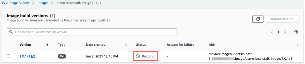 EC2 Image Builder image build version details