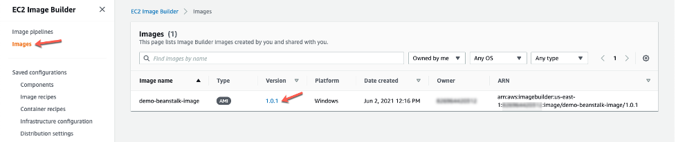 EC2 Image Builder images list