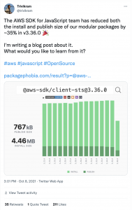 Announcement on twitter about install/publish size reduction by ~35% in modular AWS SDK for JavaScript.