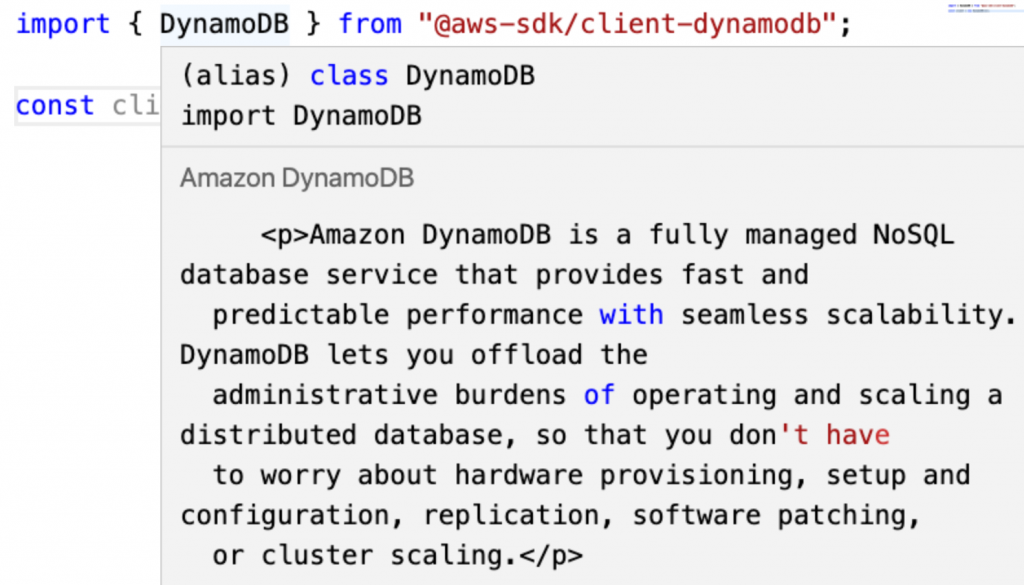 Screenshot showing JSDoc comments for DynamoDB import on hover in a tooltip in VSCode editor.