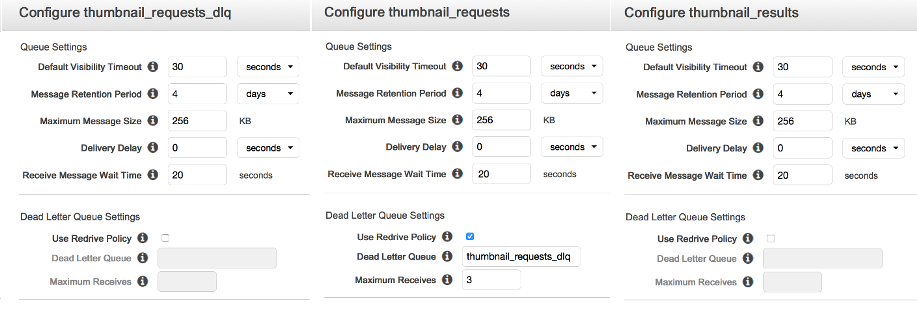 Screenshots of Amazon SQS queue configurations