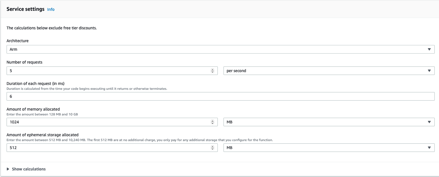Calculator showing that the cost per month with 5 requests per second with a 6 millisecond duration of a request, and 1024 MB of RAM and 512 MB of epheral storage will cots $21.80 per month