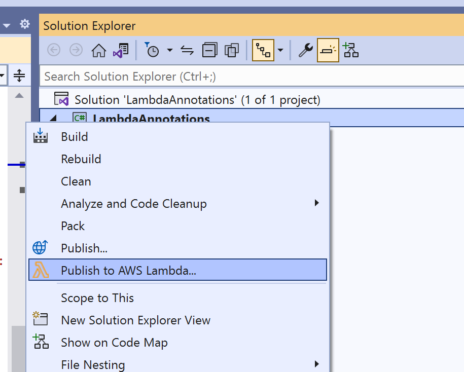 Publish to Lambda in Visual Studio Solution Explorer