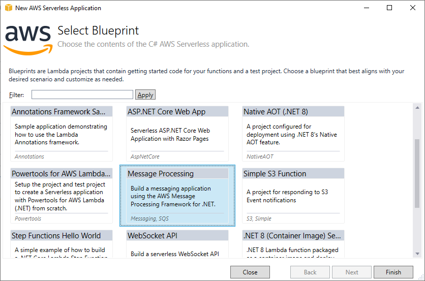 In the Visual Studio Toolkit, creating a new project using the new Message Processing template.