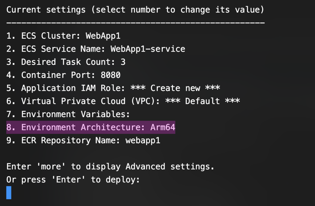 Deployment Settings In CLI. The Environment Architecture setting is highlighted and set to Arm64.