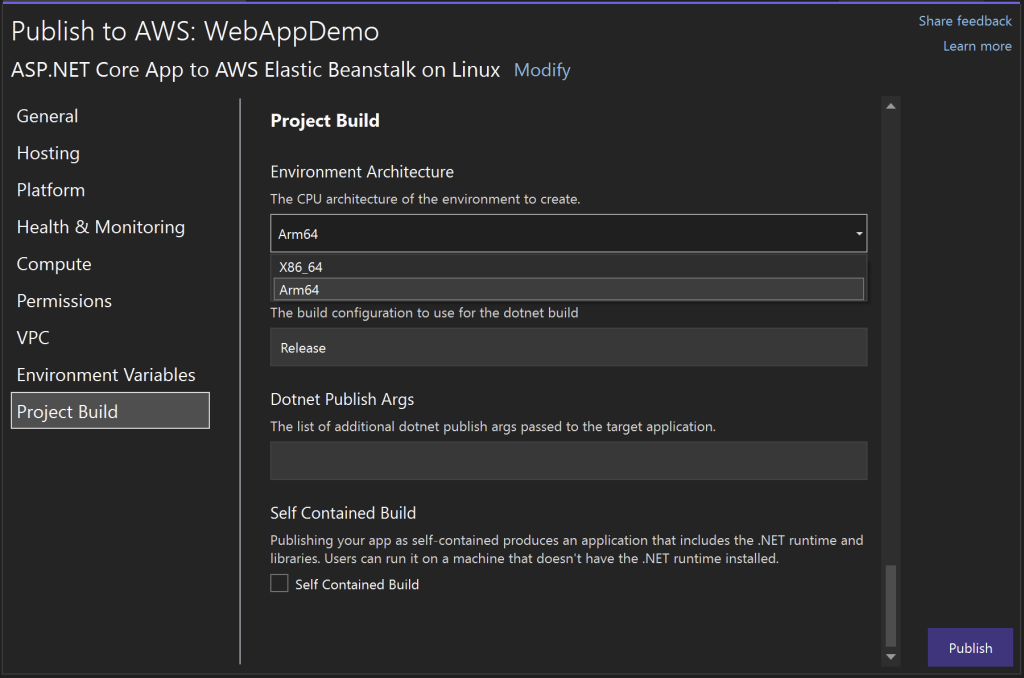 Environment Architecture setting under Project Build section In VS Toolkit. The Arm64 option is highlighted.