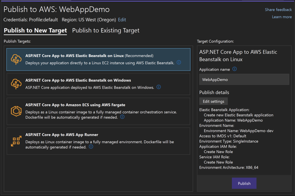 Publish Target In VS Toolkit. The selected target is: ASP.NET Core App to AWS Elastic Beanstalk on Linux