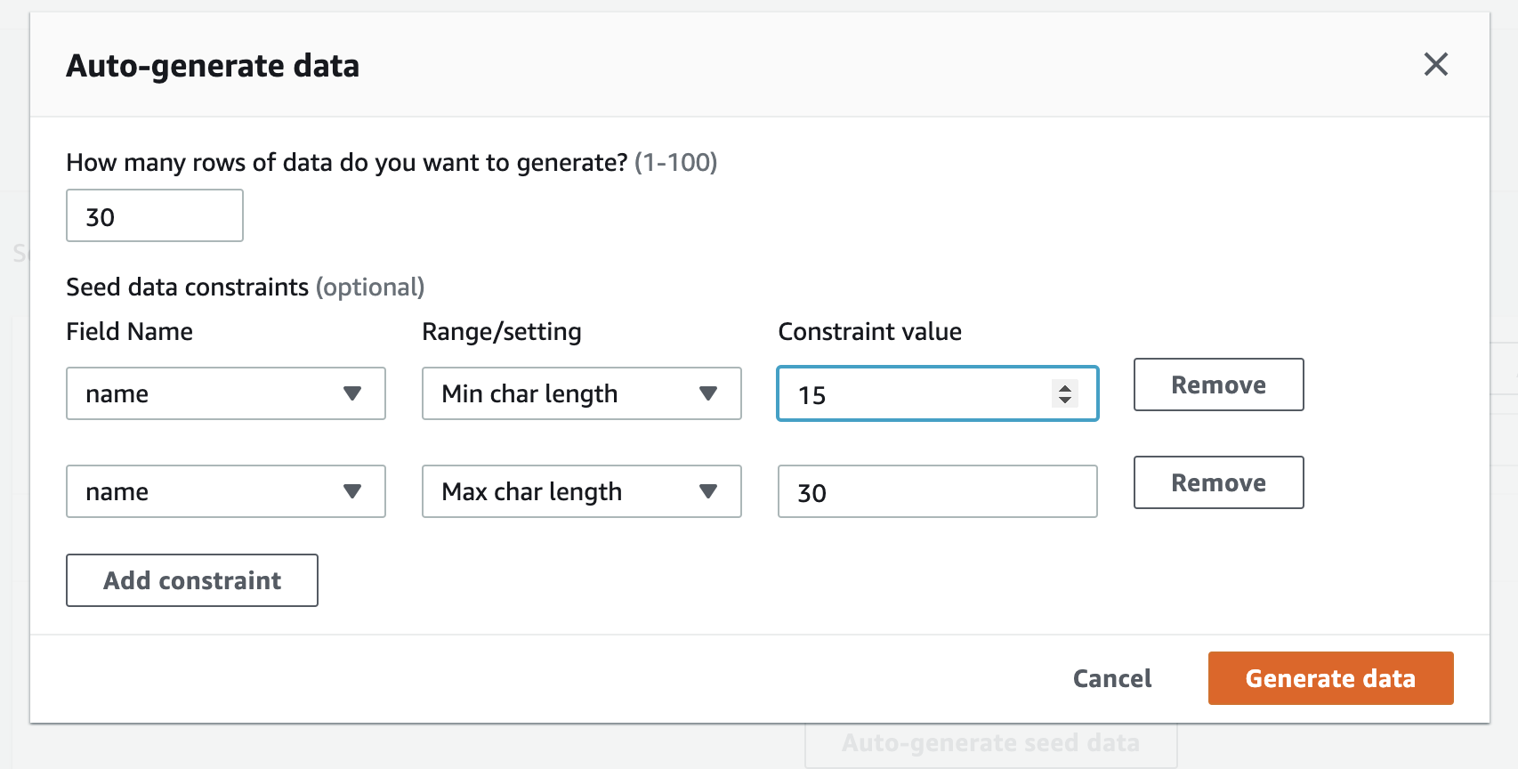 Admin UI - Content - Seed data generation screenshot
