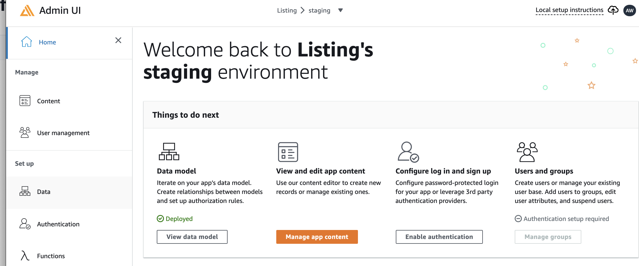 Amplify Admin UI - Home screenshot