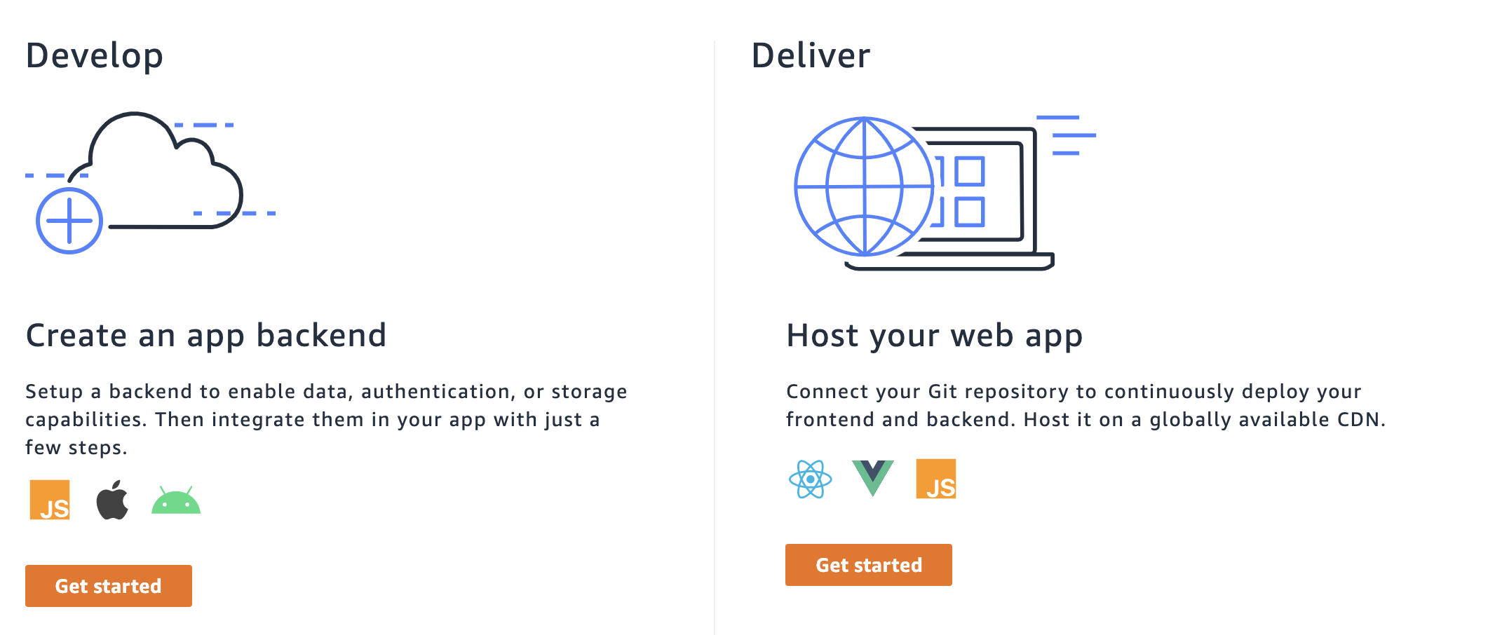 AWS Amplify Sandbox create an app backend or host your web app options