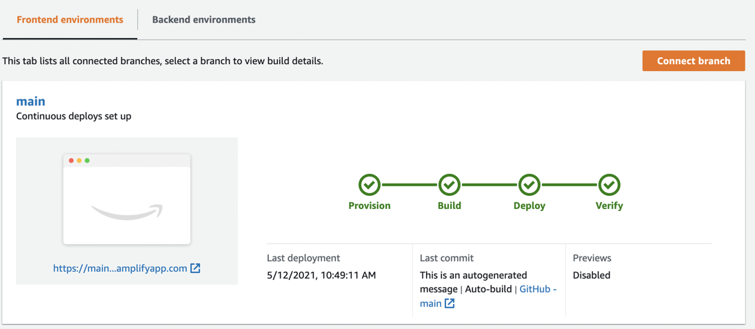 Amplify app frontend environment fully deployed