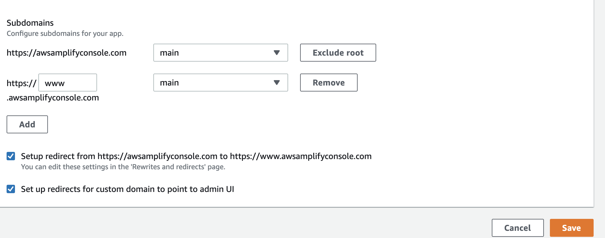 Amplify Console set subdomains