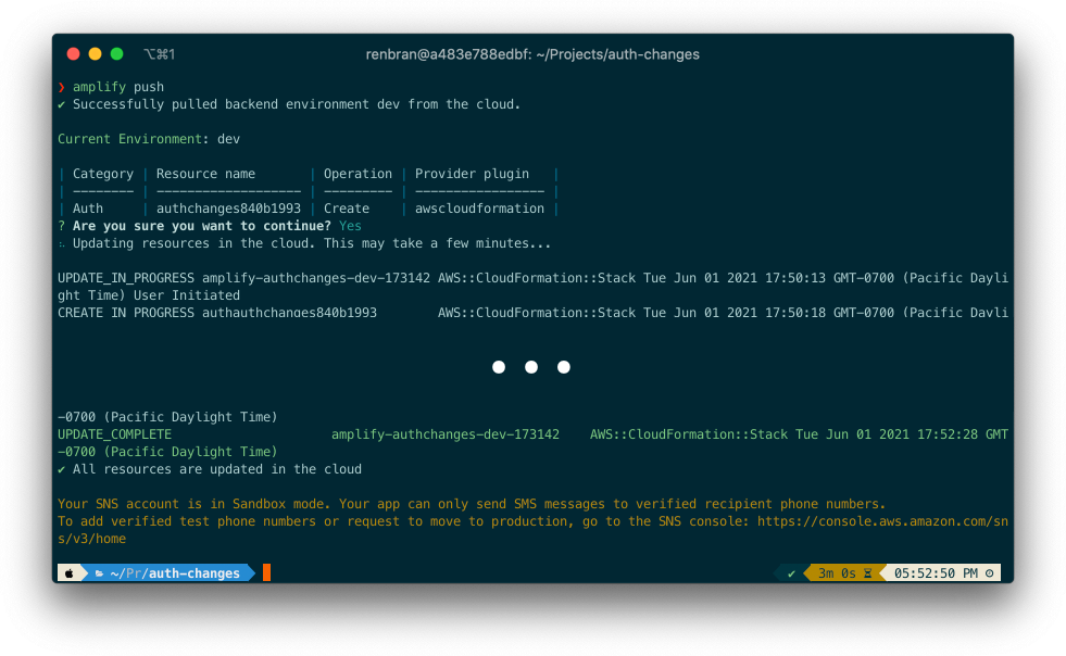 Amplify CLI - amplify push with SNS prompt