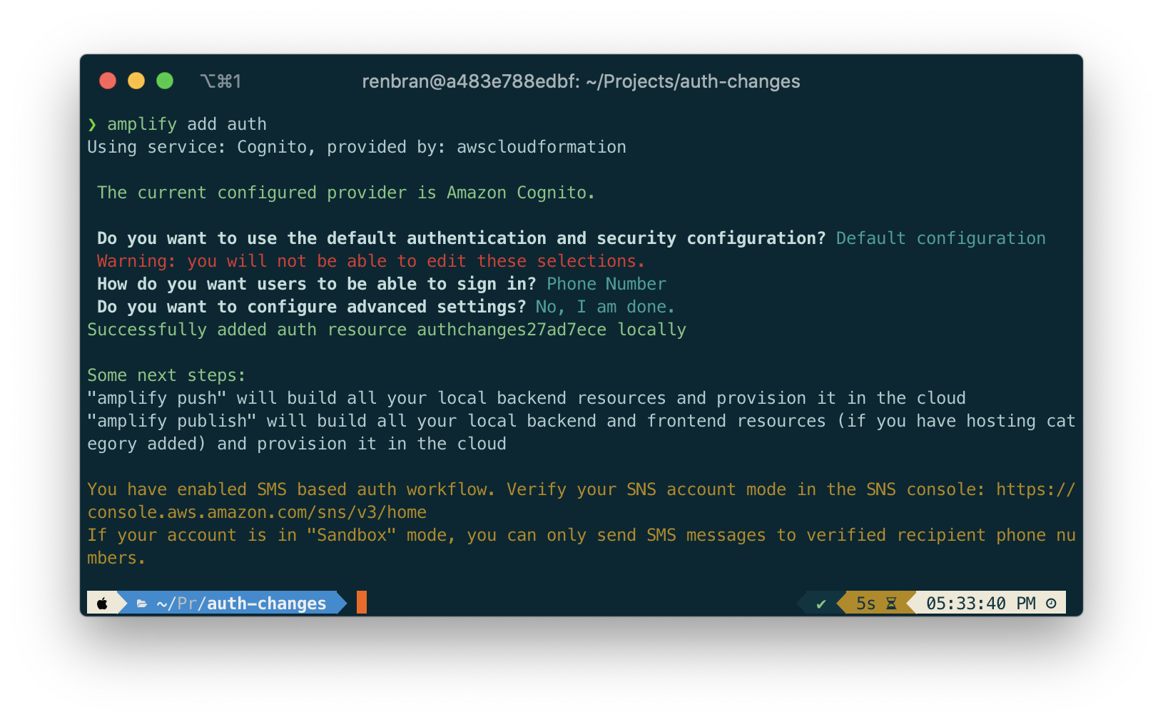 Amplify CLI - add auth with phone number screenshot