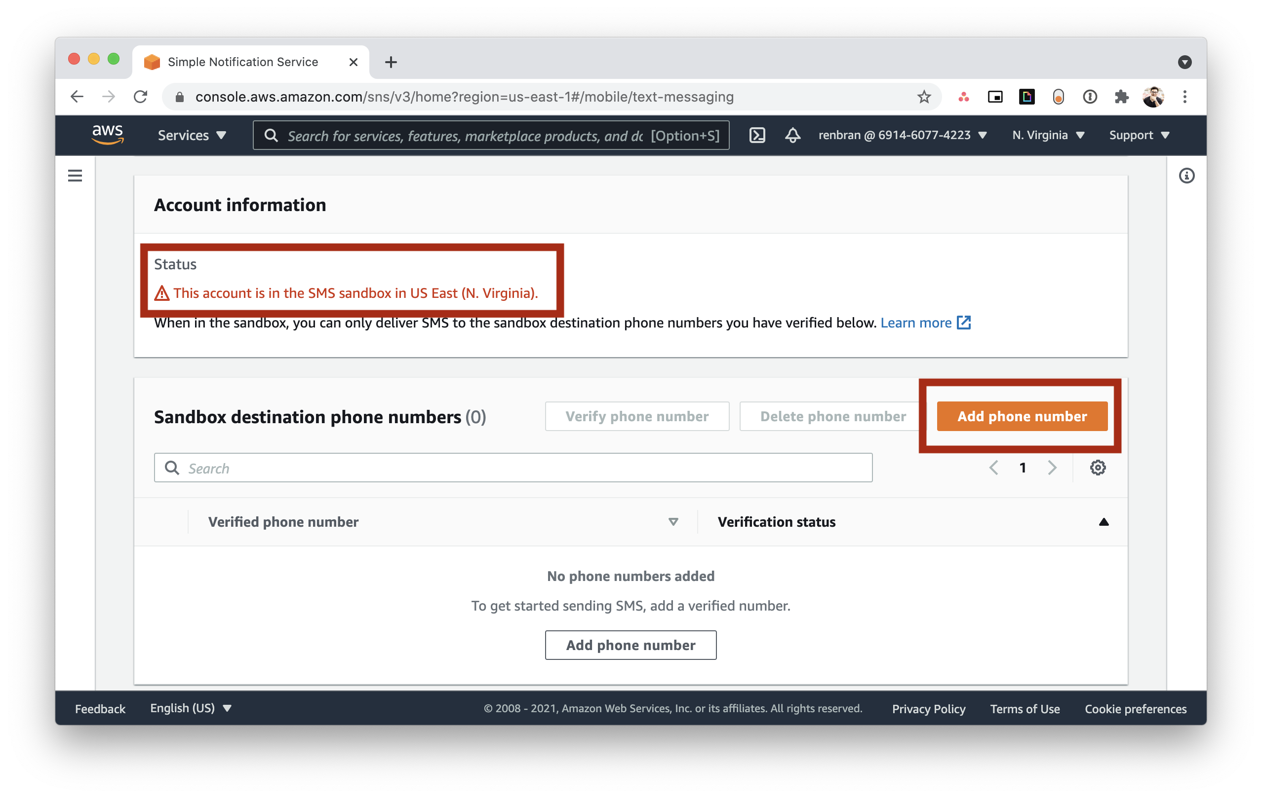 Amazon Simple Notification Service sandbox mode screenshot