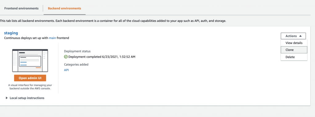 Screenshot of Amplify Console's clone workflow