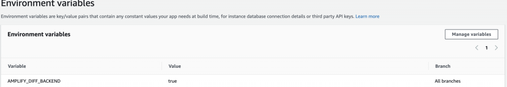 Screenshot of Amplify Console build environment variables