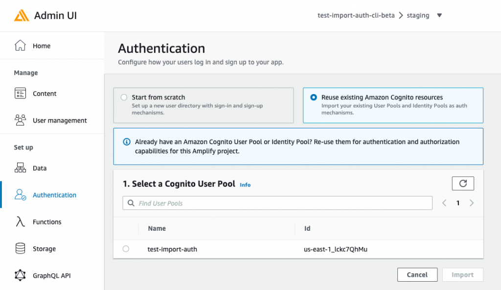 Screenshot of Admin UI's import auth flow