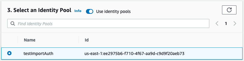 Screenshot of select an Identity Pool prompt