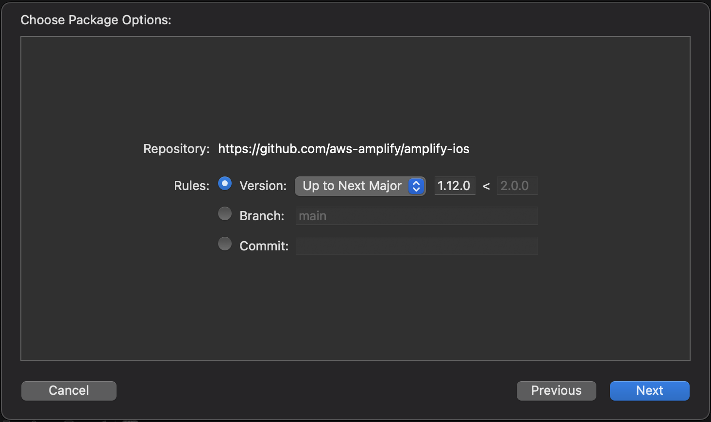 Selecting the most recent version of the Amplify iOS Swift Package in Xcode