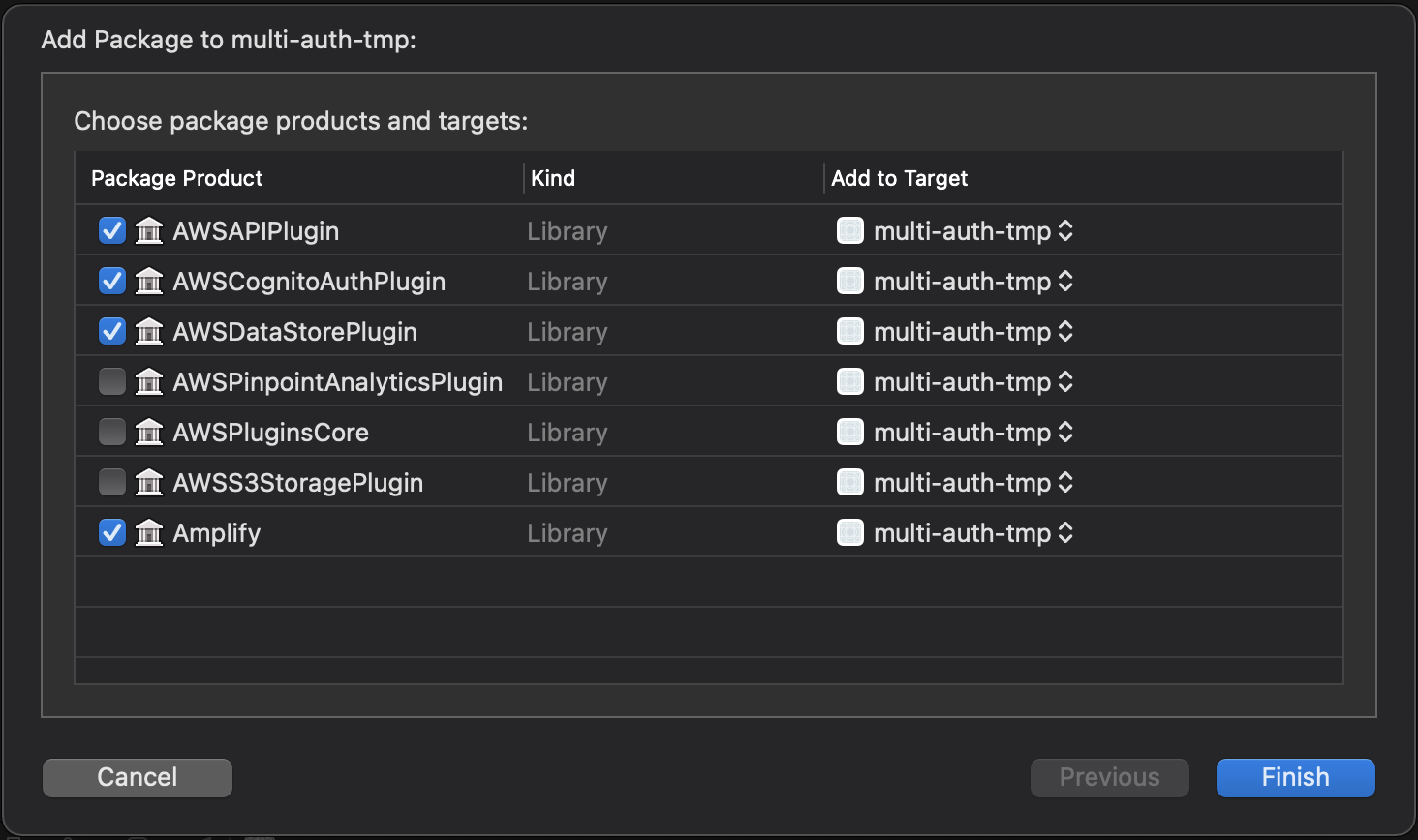 Selecting AWSAPIPlugin, AWSCognitoAuthPlugin, AWSDataStorePlugin, and Amplify as the project dependencies in Xcode