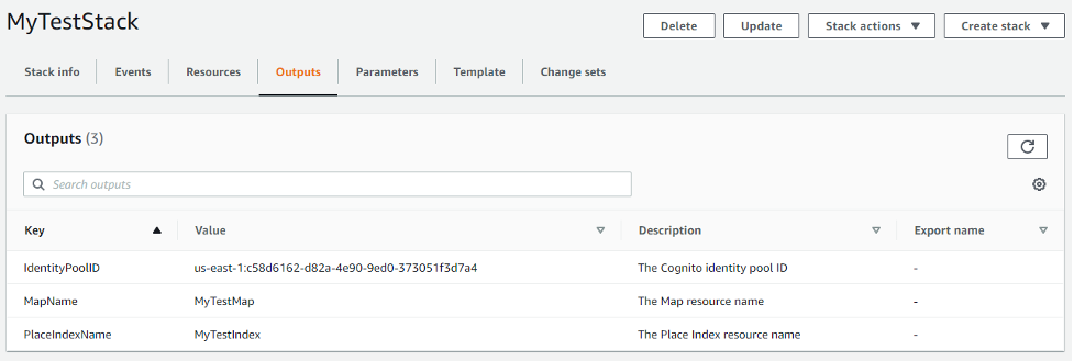 A screenshot of the CloudFormation Outputs tab. The tab shows the Identity Pool ID, Map Name and Place Index Name that will be used in steps 2 and 3. 
