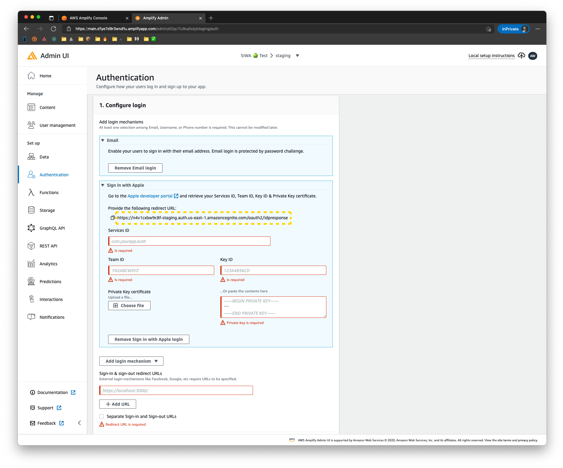 Screenshot of Admin UI showing the Authentication page with Sign in with Apple selected.