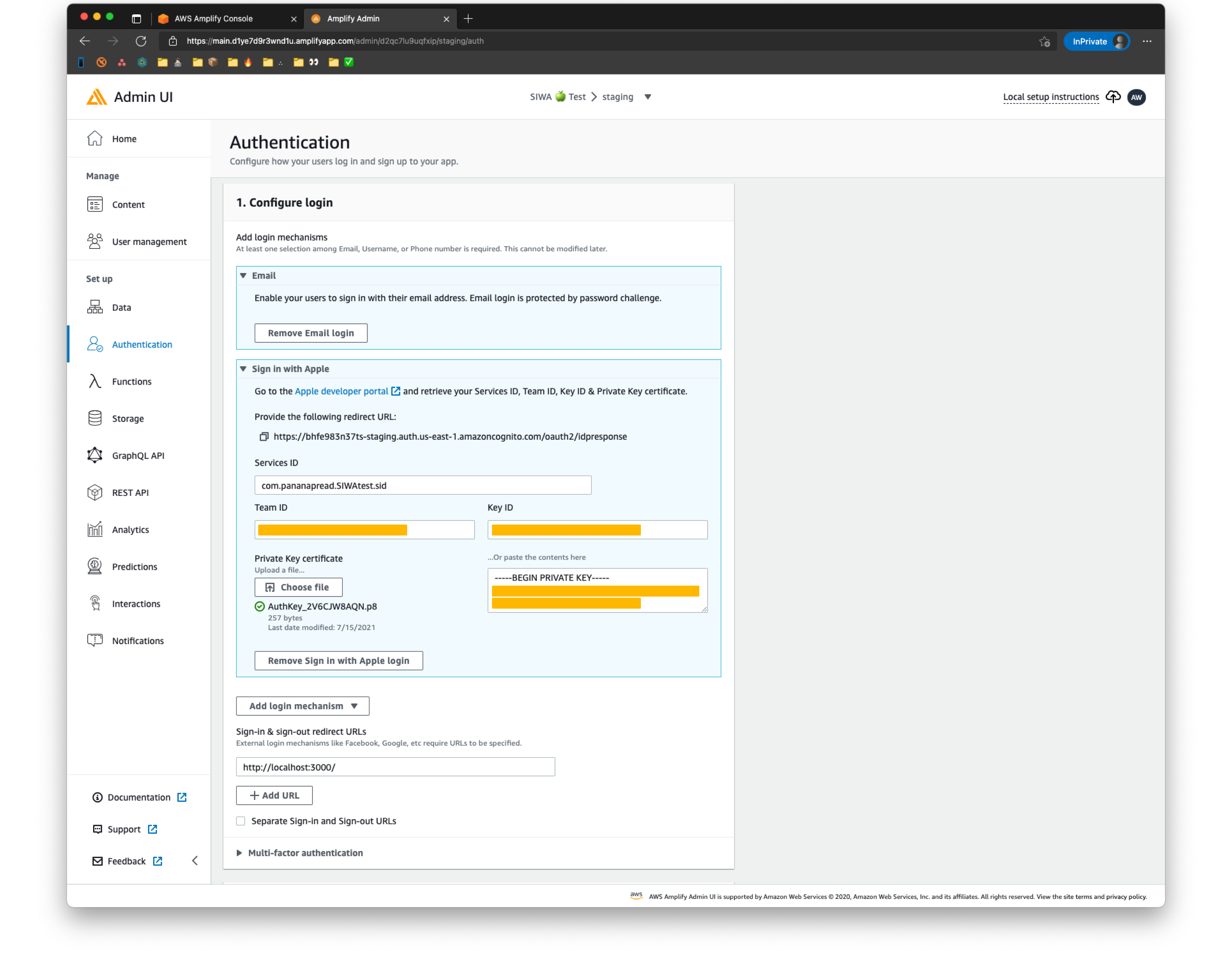 Screenshot of Admin UI showing the Authentication page with Sign in with Apple selected and the text fields filled out.