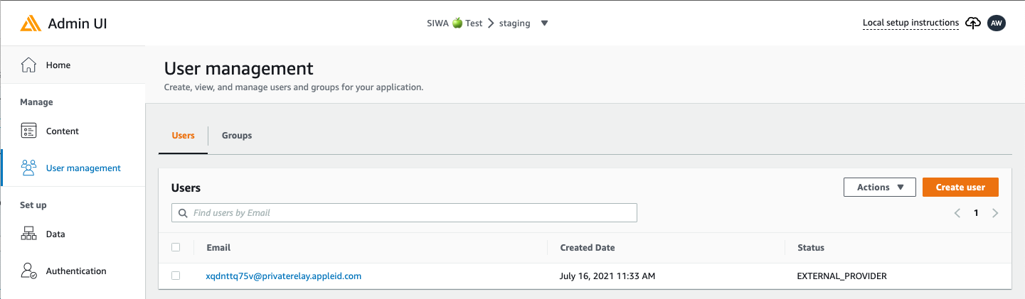 Screenshot of the Amplify Admin UI showing the “User management” screen