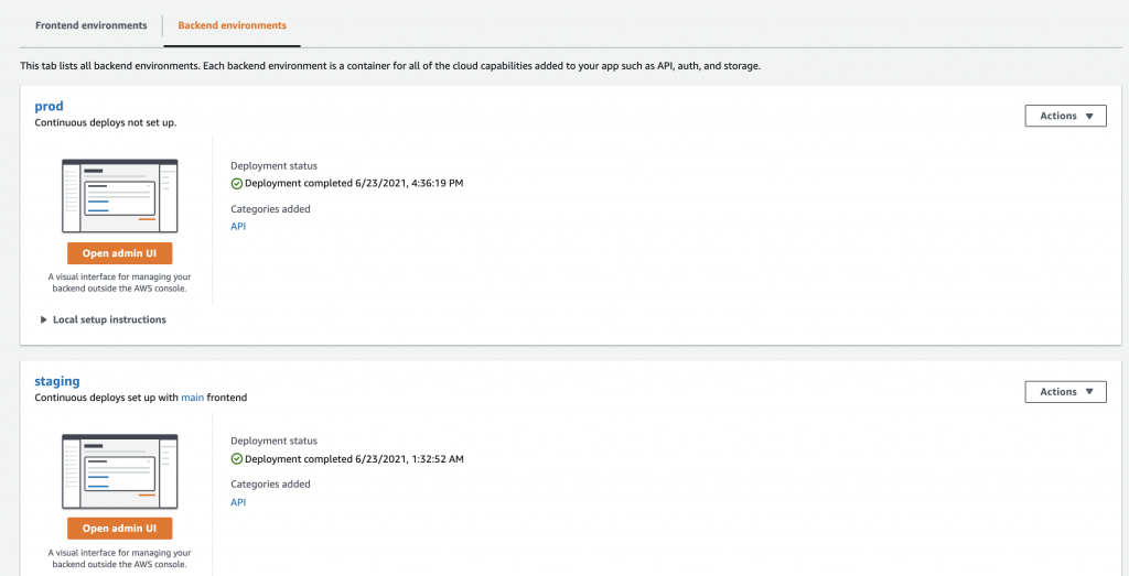 Screenshot of AWS Amplify console showing the Amplify app’s backend environments.It only has two, one named “Staging” and the other named “Prod”