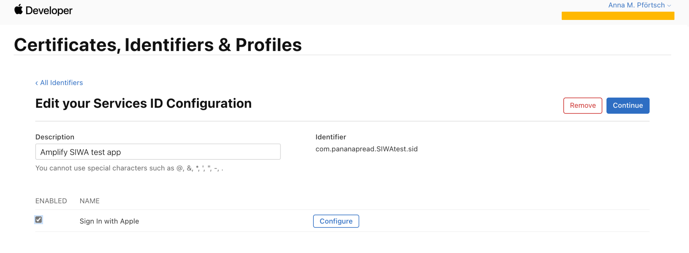 Screenshot of editing a Services ID on the Apple Developer Program site