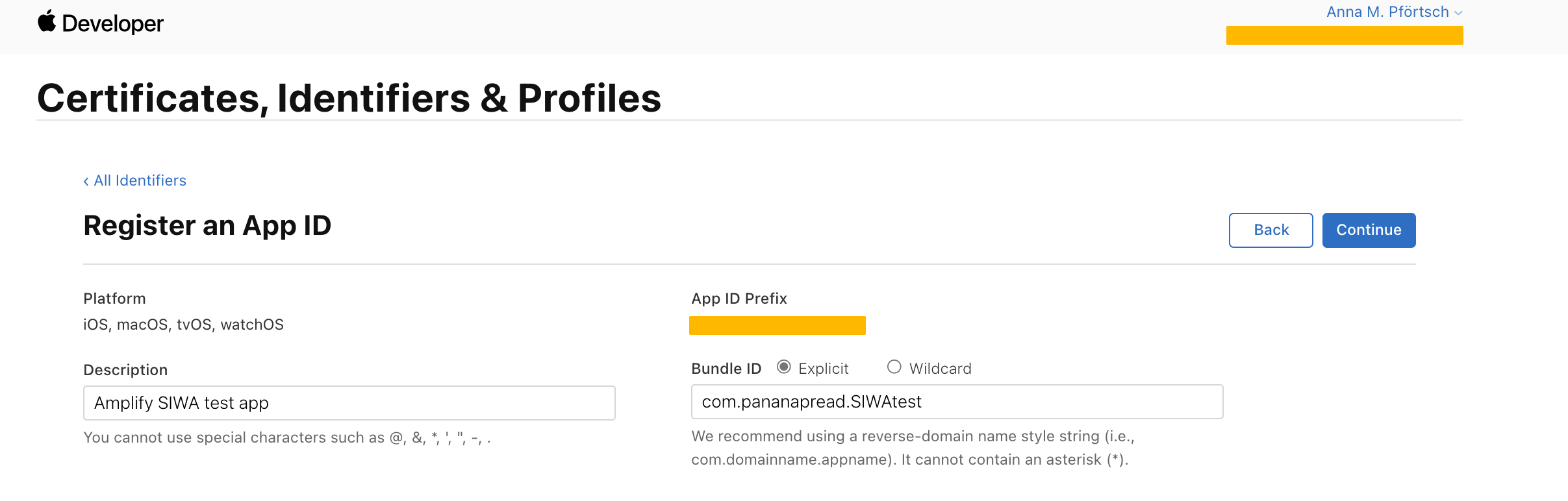 Screenshot of creating an App ID in the Apple Developer Program site
