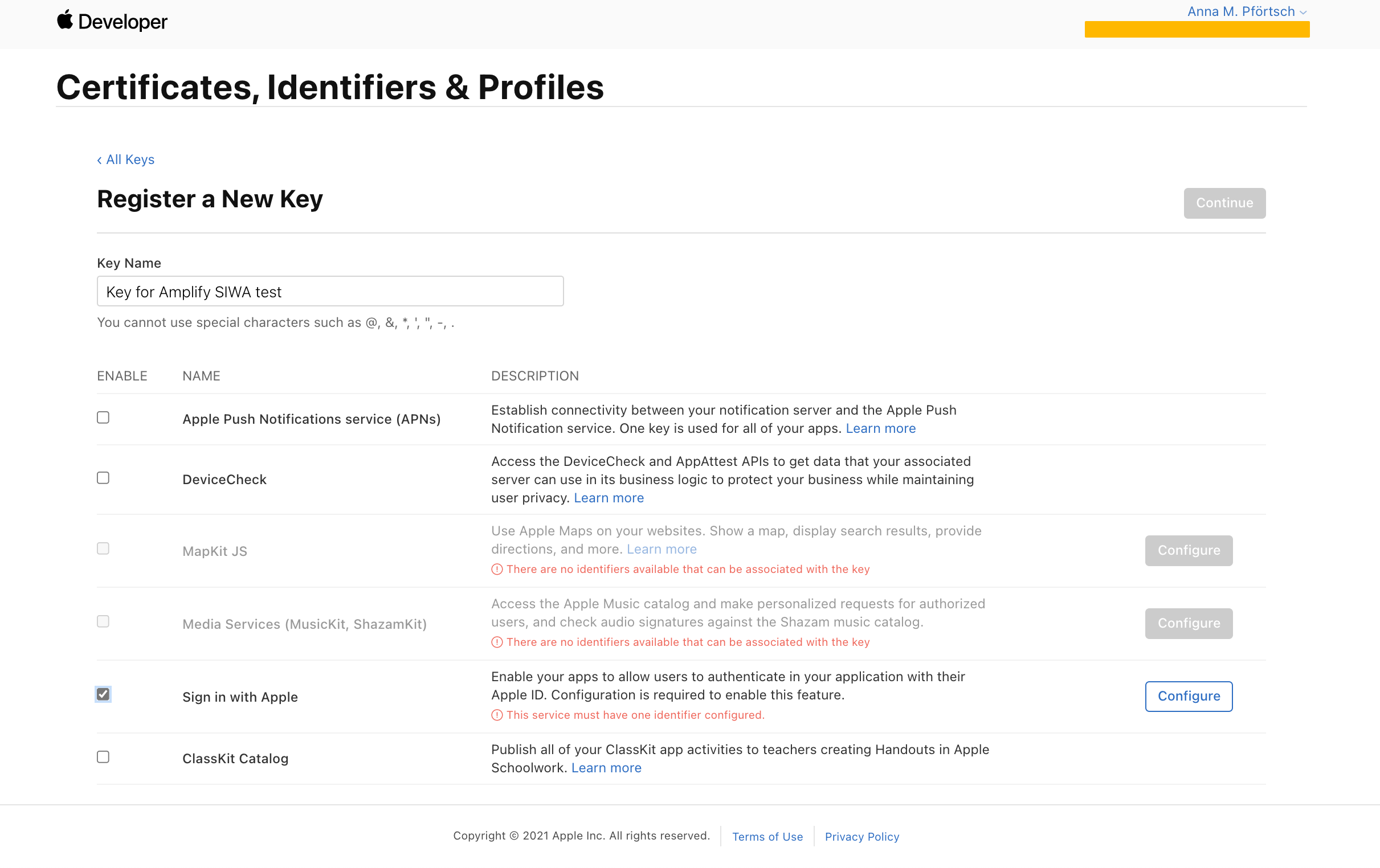 Screenshot of registering a new key on the Apple Developer Program site